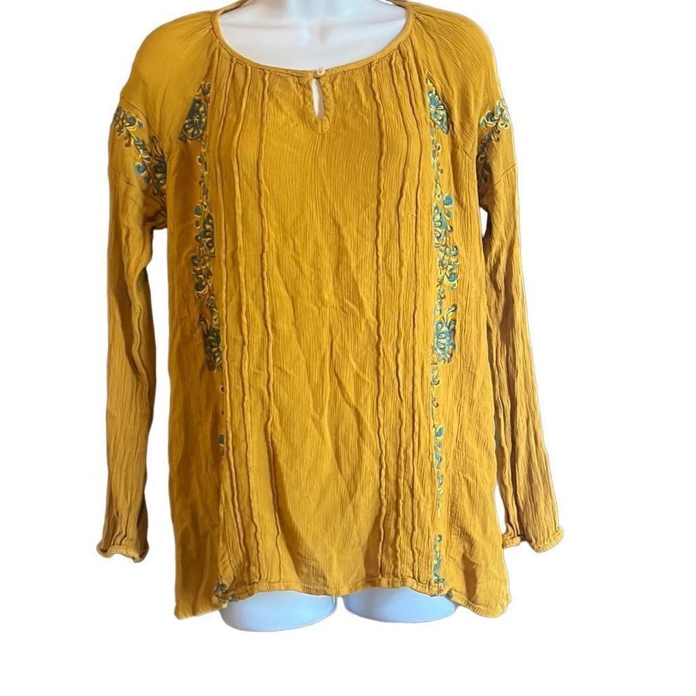 Charming‎ Charlie Womens Small Yellow Turquoise Floral Embroidered Boho Blouse